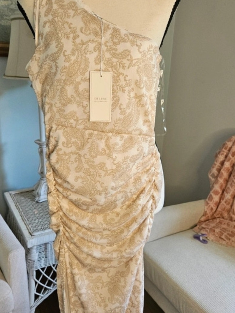 Luxe Beige Paisley Ruched Maxi Dress. Fall Dress.